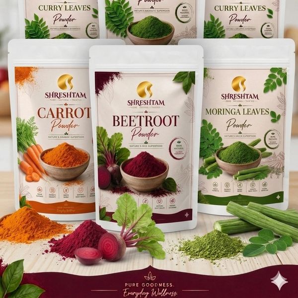 Shrestam vegetable powders: carrot, beetroot, moringa leaves, and curry leaves for wellness.
