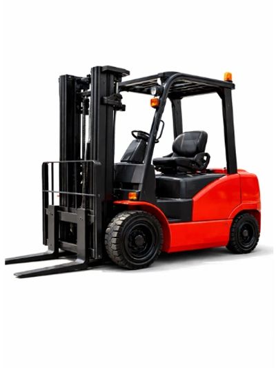 Red and black forklift against white background.