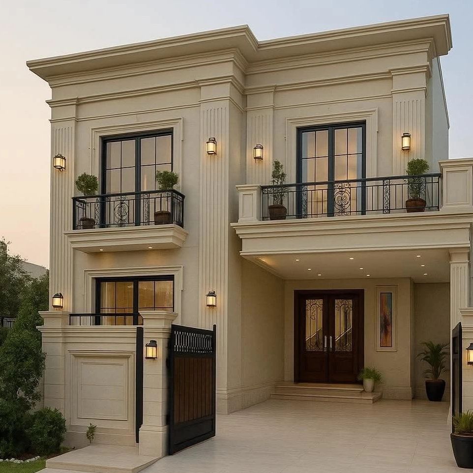 Elegant two-story beige house with balconies and warm lighting.