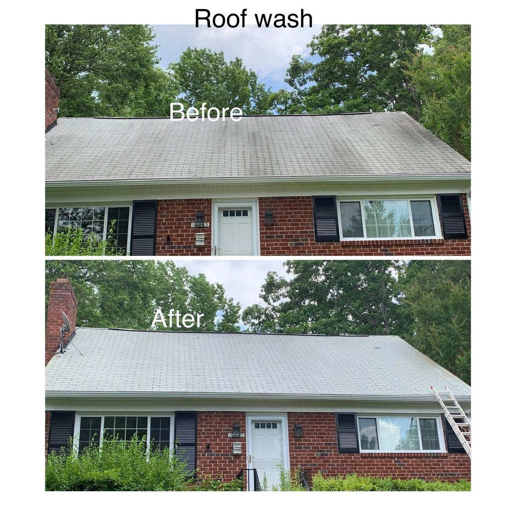 Before: black algae stains on roof; After: roof wash treatment soft washing algae is gone!