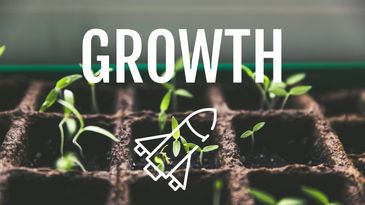 Seedlings sprouting with the word 'GROWTH' and a rocket icon overlay.