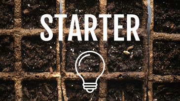 Seed starter trays filled with soil and the word STARTER with a light bulb icon.