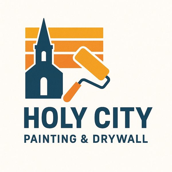 Logo with a church silhouette and paint roller for Holy City Painting & Drywall.