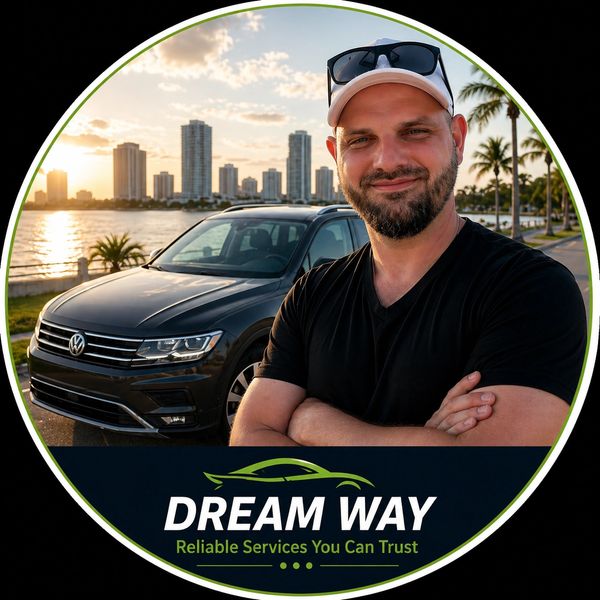 Man standing confidently by a Volkswagen car at sunset with Dream Way logo.