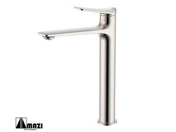 Sleek, modern stainless steel faucet with a single lever.