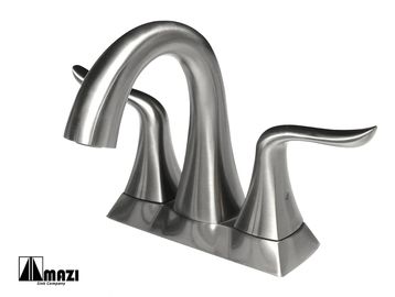 Sleek stainless steel bathroom faucet with modern design and dual handles.