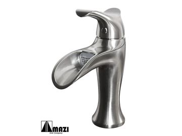 Modern stainless steel faucet with a waterfall spout design.