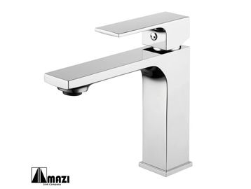 Sleek modern chrome bathroom faucet with a minimalist design.