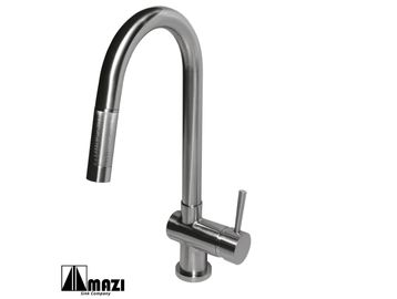 Sleek stainless steel kitchen faucet with a curved spout and single lever handle.