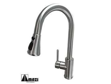 Modern stainless steel kitchen faucet with a pull-down spray head.