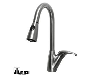 Modern stainless steel kitchen faucet with a curved spout and single lever handle.