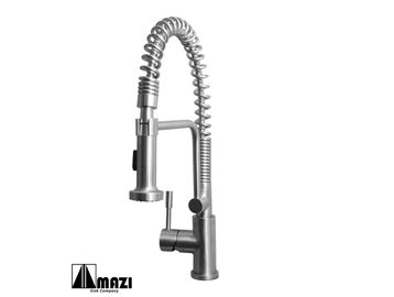 Modern stainless steel kitchen faucet with spring coil design.