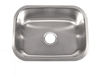 Top view of a clean stainless steel kitchen sink basin.