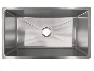Top view of a rectangular stainless steel kitchen sink with a central drain.