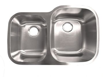 Double bowl stainless steel kitchen sink with rounded corners.
