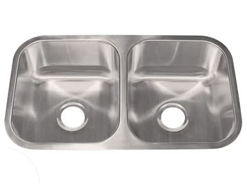 Stainless steel double kitchen sink with two basins and drain holes.