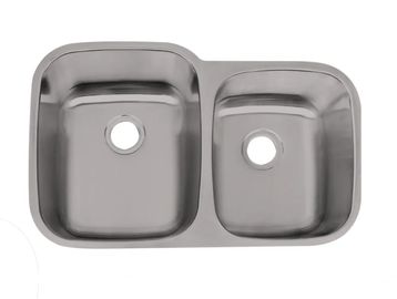Double stainless steel kitchen sink with two basins.