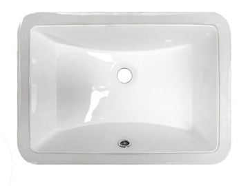 White rectangular bathroom sink with central drain and faucet hole.