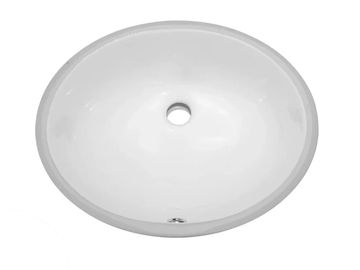 White oval bathroom sink basin with central drain hole.