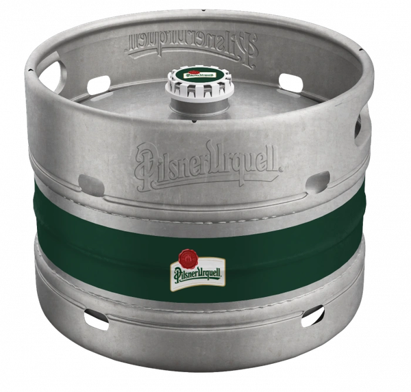 Pilsner Urquell beer keg with green band.