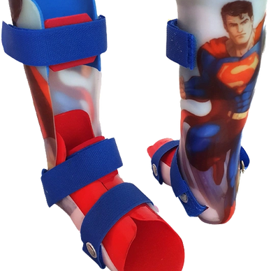 Pair of leg braces featuring Superman design with blue straps.