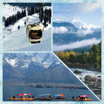 Scenic views of snowy mountains, gondola ride, and shikara boats on a lake.