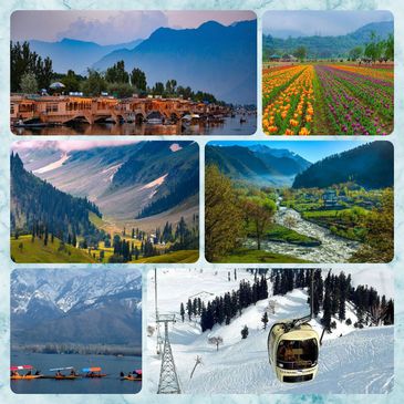 Beautiful landscapes of Kashmir showcasing mountains, flowers, rivers, and snow sports.