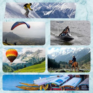 Various outdoor adventure activities in scenic mountainous and water settings.