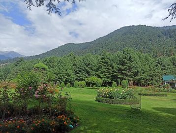 A lush green garden with flower beds and pine-covered hills in the background.
