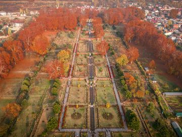 Aerial view of a garden with autumn foliage and surrounding buildings.