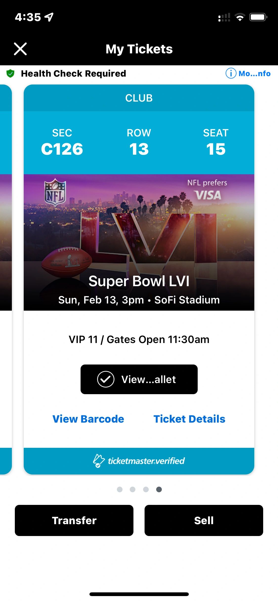 Lofton Sports Super Bowl Seats for 2-13-2022 C126 VIP Gate 11