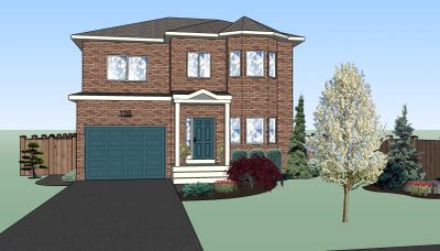 Two-story brick house with a garage and landscaped front yard.