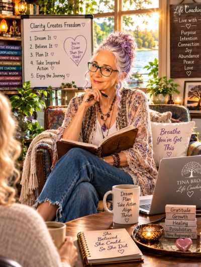 Life coach advising client in cozy, inspiring setting.