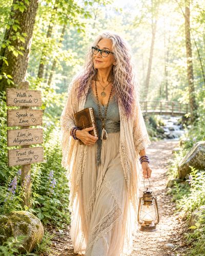 Woman in bohemian dress holding a lantern in a forest path.