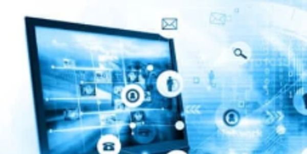 Digital communication and data exchange on a laptop screen.