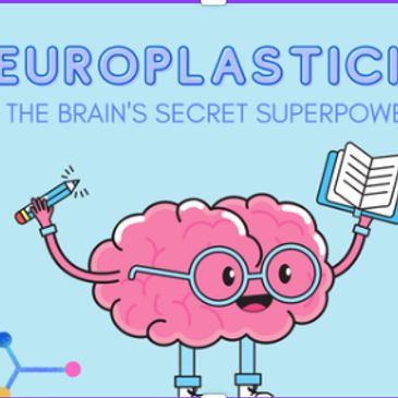 Cartoon brain with glasses holding a pencil and book about neuroplasticity.