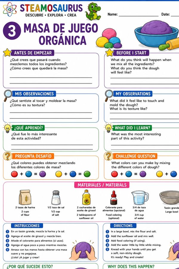 Worksheet for making organic play dough with bilingual instructions and observation questions.