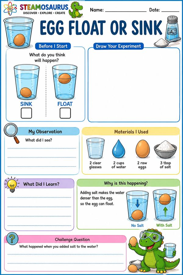 Educational worksheet on egg float or sink experiment with saltwater.