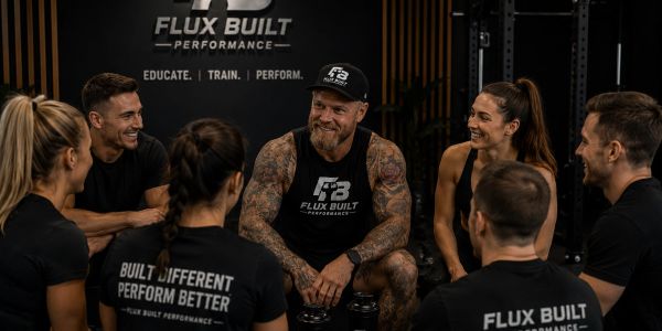 Group of people in fitness gear having a discussion in a gym.