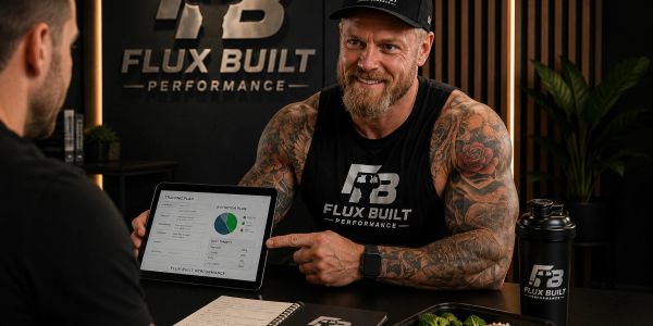 Man showing fitness data on tablet at Flux Built Performance.
