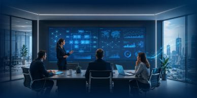 Business meeting with digital data visualization in a modern office.