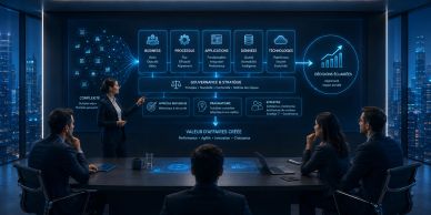 Business meeting with digital data visualization in a high-tech conference room.