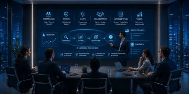 Business team in a high-tech meeting room analyzing data on a digital screen.