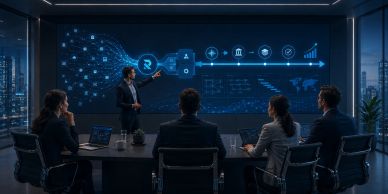 Business team in a modern meeting room analyzing digital data on a large screen.