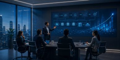 Business team analyzing a digital growth chart in a modern office.