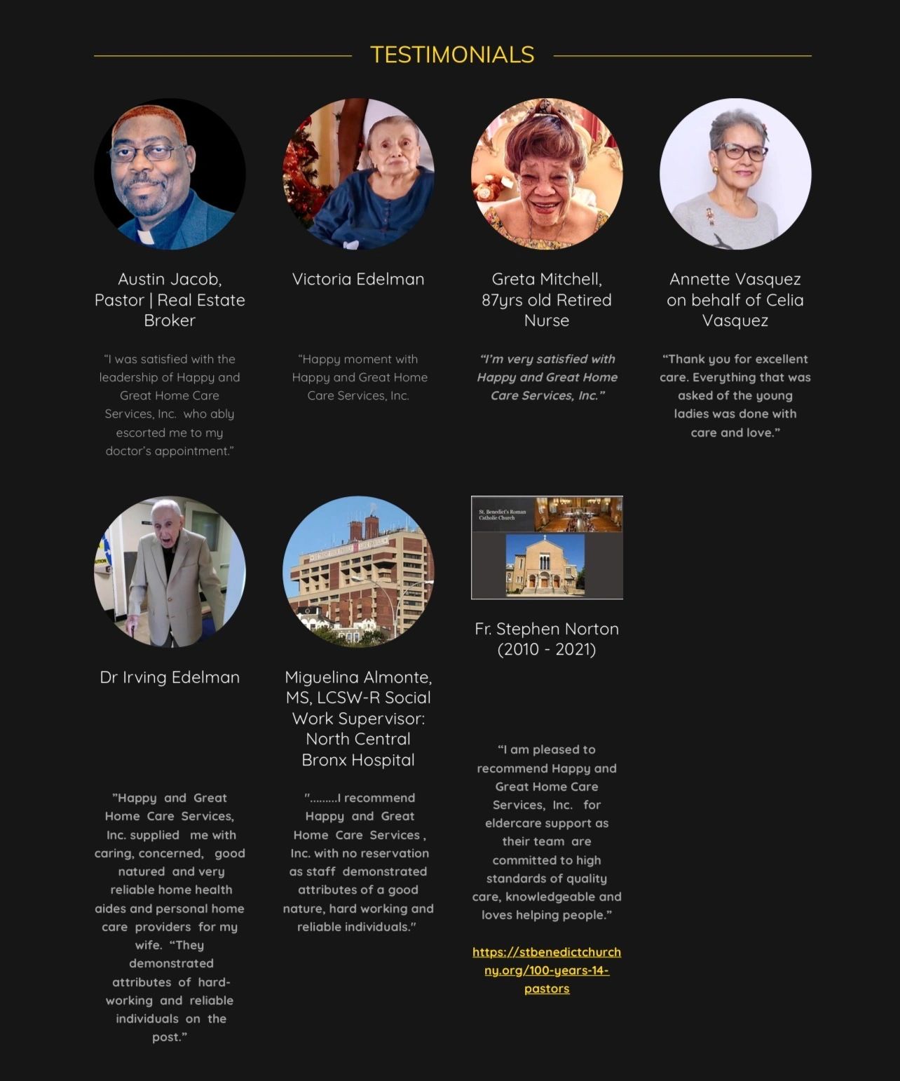 Collage of testimonials from diverse individuals praising Happy and Great Home Care Services, Inc.