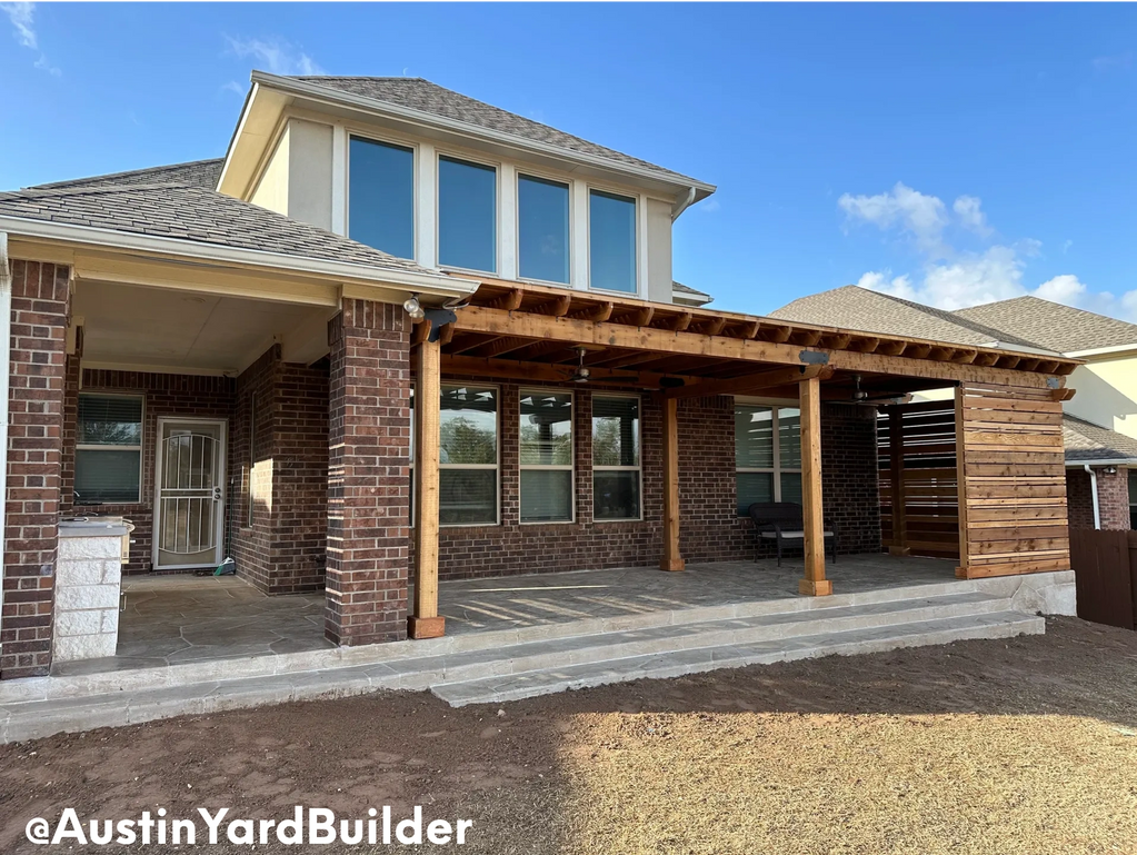 Cedar Wood Pergola with an Outdoor Kitchen and Customizable Overlay Cedar Park Texas project