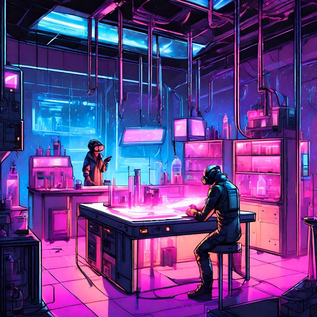 A cyberpunk lab glowing in neon pink and blue. A hooded scientist holds a bright orb amid high-tech 