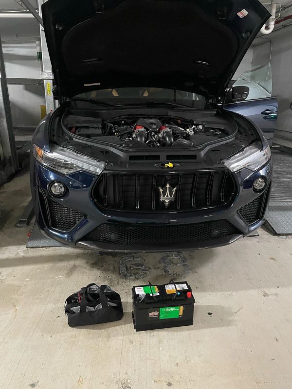 Car with open hood and battery in front.