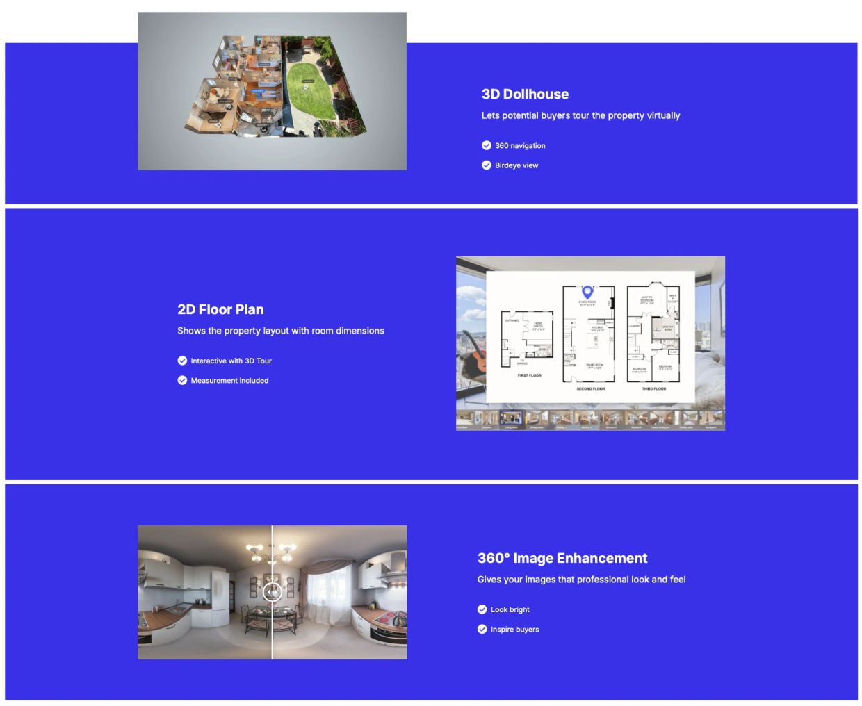 Real estate virtual tour features on blue background